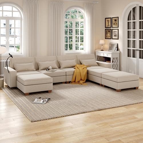 123" U-Shaped Modular Sofa with Storage, 4 Seats, Convertible Bed & Phone Holder"