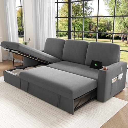 Keyluv 87" Reversible L-Shaped Sofa Bed with Storage & Charging Station, Dark Gray Velvet