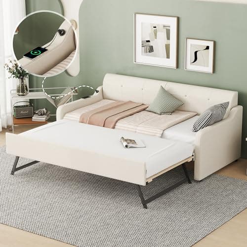 Beige Twin Size Daybed with Pop-up Trundle & Charging Station