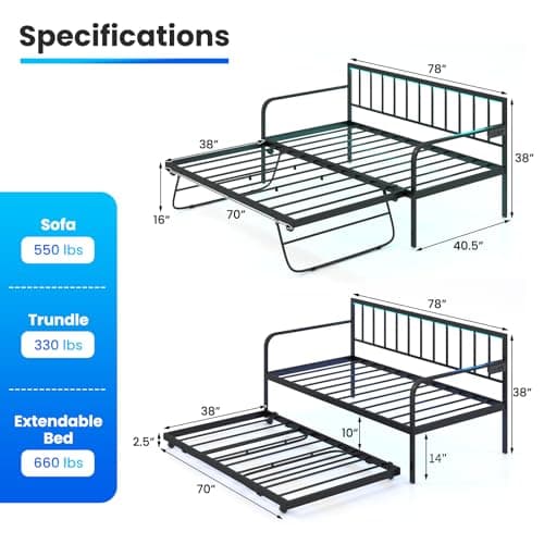 KOMFOTT Twin Metal Daybed with Pop-Up Trundle & Charging Station