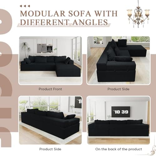 Modern Black L Shaped Sectional Sofa with 6 Pillows and Free Combination Sets