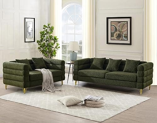 Modern 81-inch Couch + 60-inch Loveseat in Green Teddy Fabric