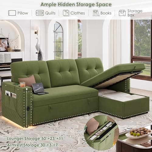 HIFIT 87 L-Shaped Sleeper Sofa Bed with Storage, LED Light, USB Port & Cupholder - Modern Green Velvet Sectional for Living Room