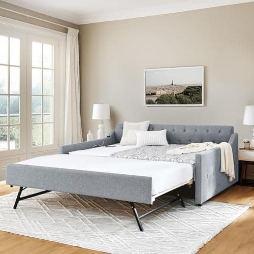 Dark Grey Linen Tufted Extendable Day Bed with Trundle & USB Ports