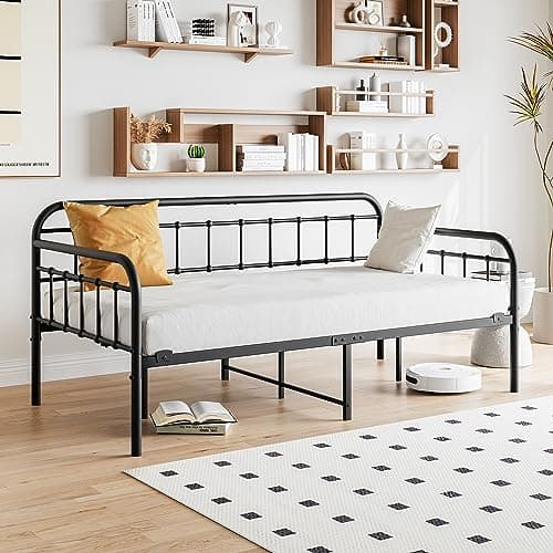 Black Twin Heavy Duty Metal Daybed Frame with Slats Mattress Foundation