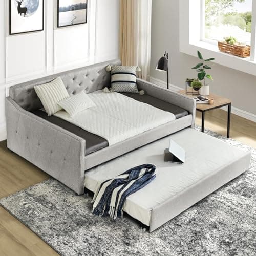 Antetek Twin Size Daybed with Trundle – Grey Fabric Sofa Frame, No Box Spring Needed for Bedroom, Living Room, Guest Room