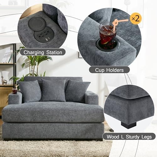 Modern 55" Oversized Chaise Lounger, Luxurious Chenille Fabric Single Sofa Chair with Pillows, Charge Station & Cup Holders for Living Room Apartment Offices (Blue Gray-55'')
