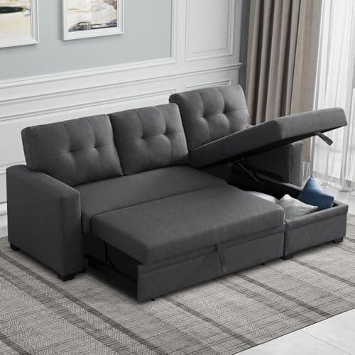 DeepGrey Linen Reversible Sectional Sleeper Couch with Storage and Pull-Out Bed