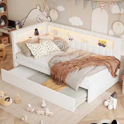 Twin Size White Daybed with Trundle and L-Shaped Bookshelf Headboard for Kids Boys Girls