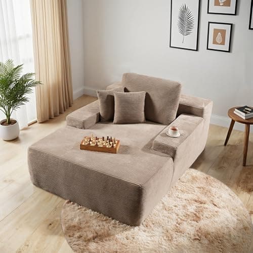 Beige Plush 48" Oversized Chaise Lounge Chair Bed with Throw Pillows