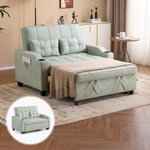 VINGLI Light Green Faux Leather Pullout Sofa Bed with USB Ports
