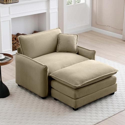 Antetek 46-Inch Oversized Indoor Chaise Lounge Chair with Ottoman, Green Corduroy Sofa for Living Room and Bedroom