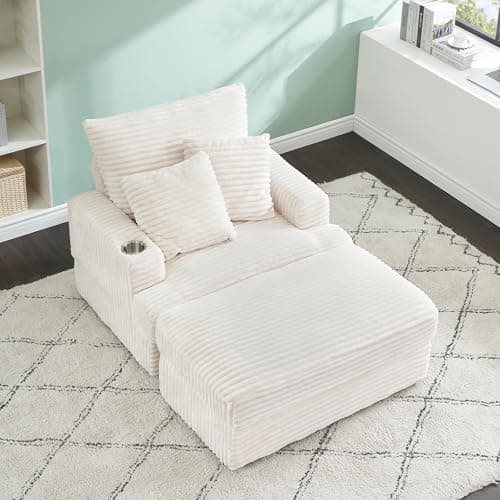 Modern Pink Corduroy Chaise Lounge Chair with Cup Holder