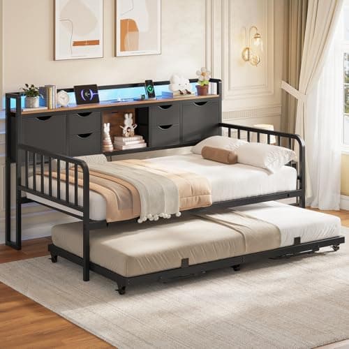 ADORNEVE Height Adjustable Metal Twin Day Bed with Storage and Charging Station, Living Room and Bedroom Daybed for Kids and Adults, Black  
ADORNEVE Twin Day Bed with Trundle and Storage Headboard, Perfect for Kids and Adults in Bedroom and Guest Ro