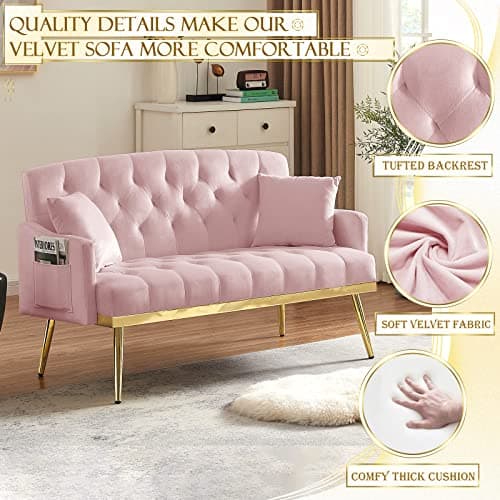 Antetek Velvet Loveseat with Side Pocket and Golden Legs, Pink