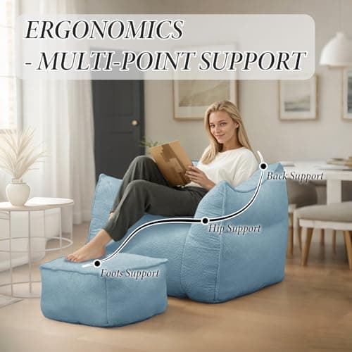 Light Blue Chenille Bean Bag Chair with Armrests & Back Support