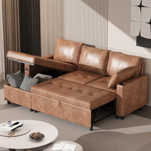 Brown L-Shaped Reversible Storage Sleeper Sofa with Pullout Bed