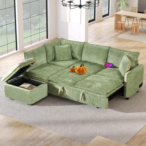 Eafurn Reversible Corduroy L-Shaped Sleeper Sectional With Chaise, USB Ports, Living Room Sofa Bed