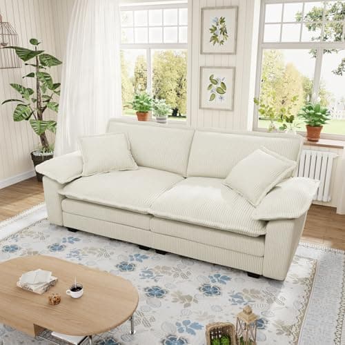 80.5-inch Modular Sectional Couch with Ottoman, Modern Oversized Corduroy Cloud Fluffy Deep Seat Loveseat Chaise Lounge Sofa with 2 Throw Pillows for Living Room Bedroom Apartment, Gray