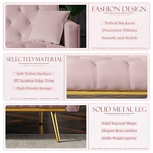 Golden Tapered Metal Legs, Pink 73-inch Reclining Velvet Futon Sofa Bed