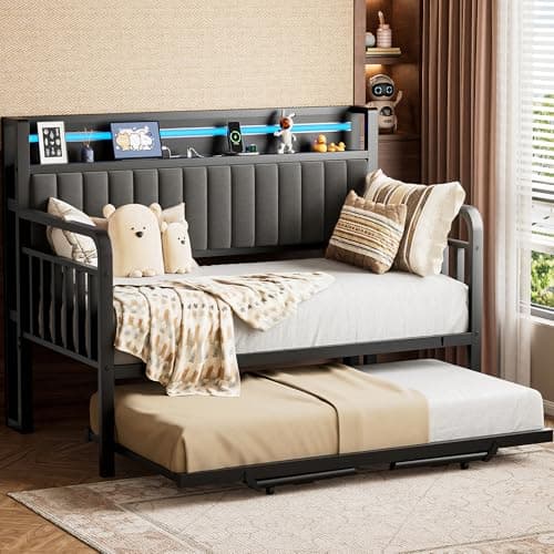 Heavy Duty Metal Full Bed Frame with Pop Up Trundle and LED Light (Black)
| Sturdy Daybed for Living Room, Bedroom and Guest Room with Charging Station (Black)
| Upholstered Storage Headboard and LED Light Daybed (Black)