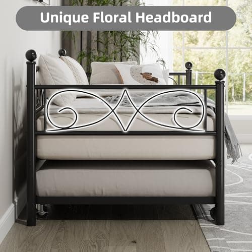 Modern Metal Daybed with Pull-Out Trundle and Floral Headboard, Twin Size, Black