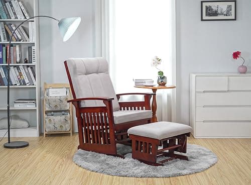 White Solid Hardwood Glider Rocking Chair with Ottoman
