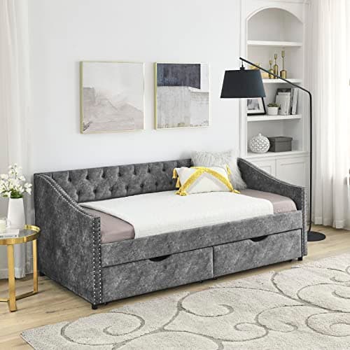 Beige Wood Twin Daybed with Storage & Button Design for Bedroom