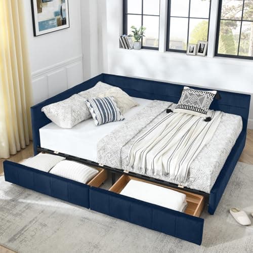 Antetek Modern Tufted Velvet Full Daybed with Storage Drawers, Blue