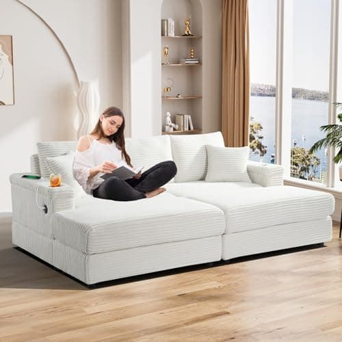 Oversized Corduroy Chaise Longue with Ottoman and USB Ports - Beige White Indoor Reclining Chair for Living Room.