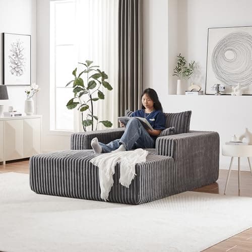 Oversized Gray Corduroy Chaise Longue Chair for Living Room & Bedroom