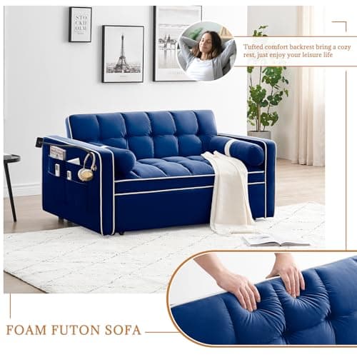 Antetek 3-in-1 Sleeper Sofa with Phone Holder, Blue Velvet Backrest