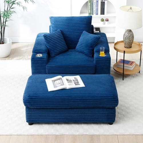 Modern Upholstered Blue Chaise Longue with Cup Holders & Storage Ottoman