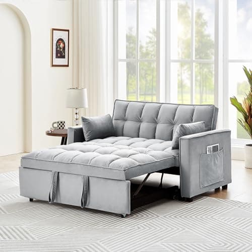 Gray Velvet 3-in-1 Convertible Sleeper Sofa Bed with Armrests, Storage Pockets & 2 Pillows for Living Room, Apartment, Bedroom, or Office