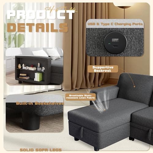 Furmax Grey 3-Seat L-Shaped Sleeper Sofa with Storage & USB Ports