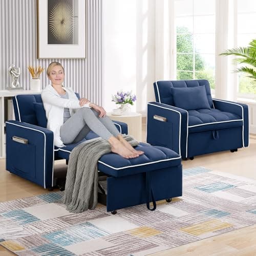 3-in-1 Convertible Velvet Sleeper Chair for Small Spaces, Apartment, and Office - Blue