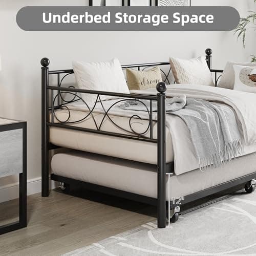 Modern Metal Daybed with Pull-Out Trundle and Floral Headboard, Twin Size, Black