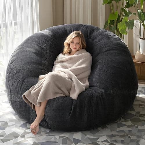 Black 7FT Adult Bean Bag Chair Cover, Stuffed Animal Storage, Comfortable for Bedroom Living Room