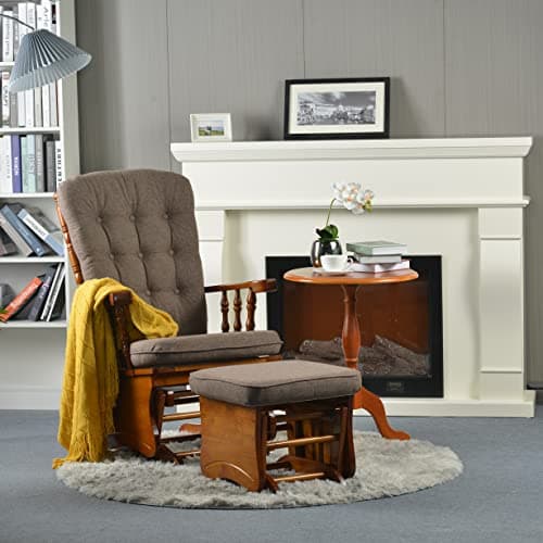 Anti-Pinch Rubber Wood Glider Chair Set with Ottoman, Antique Brown