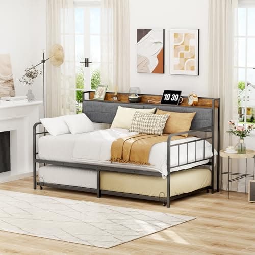 ROOMTEC Modern Twin Daybed with Storage & Charging, Sturdy Black Metal Frame