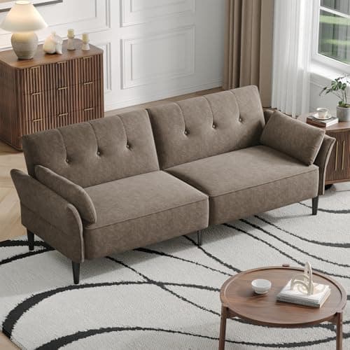 Modern 89 Velvet Futon Sofa Bed with Pillows - Beige Color