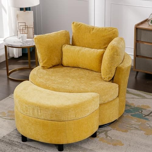 Antetek Green & Yellow Oversized Swivel Chair with Storage Ottoman