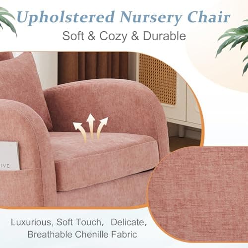VINGLI Chenille Low Seat Rocking Chair, Pink with Side Pockets and High Backrest