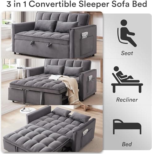 3-in-1 Velvet Sleeper Sofa Bed, Armrests, Storage & Pillows, Dark Grey