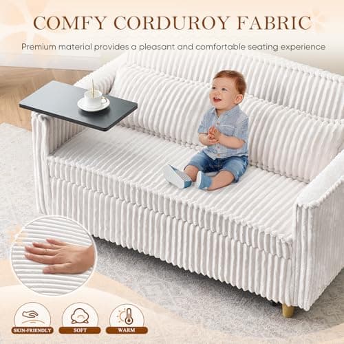 Antetek 3-in-1 Corduroy Convertible Sofa Bed, Beige Metal Frame