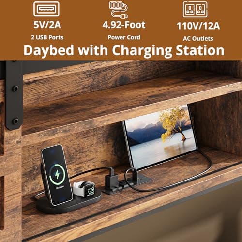 LIKIMIO Industrial Brown Daybed with Trundle, Storage & Charging Station