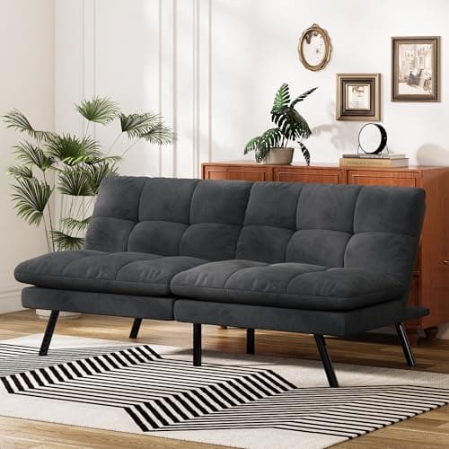 Black Faux Leather Futon Sofa Bed with Memory Foam & Adjustable Backrest