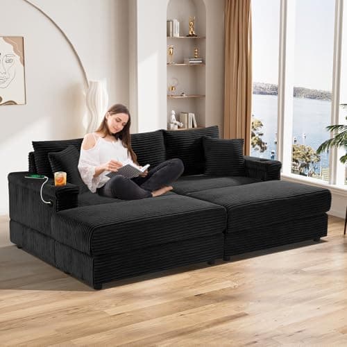 Oversized Corduroy Chaise Longue with Ottoman and USB Ports - Beige White Indoor Reclining Chair for Living Room.