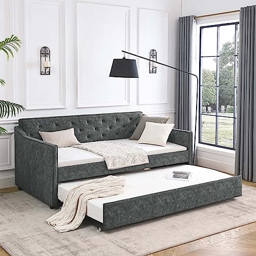Antetek Beige Fabric Twin Daybed with Pull-Out Trundle & No Box Spring