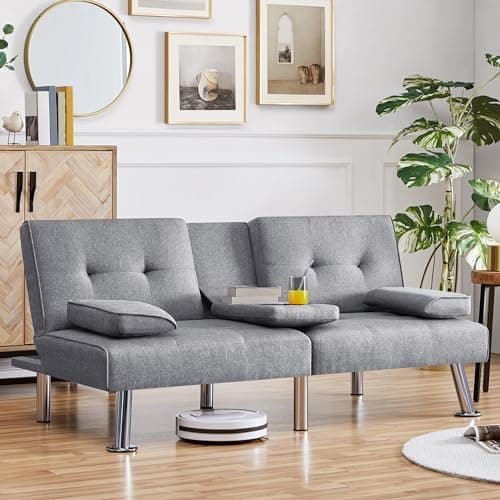 Yaheetech Light Gray Reversible Couch Bed with Removable Arms & Cup Holders
